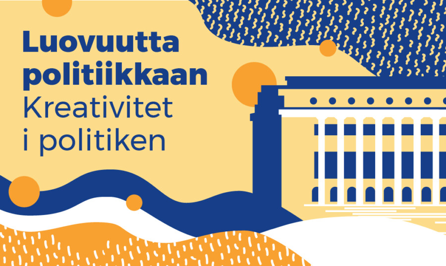 Luovuutta politiikkaan kampanjan tunnus, jossa kuvitettu eduskuntatalo ja tpo-liiton visuaalista ilmettä tyyliteltynä.