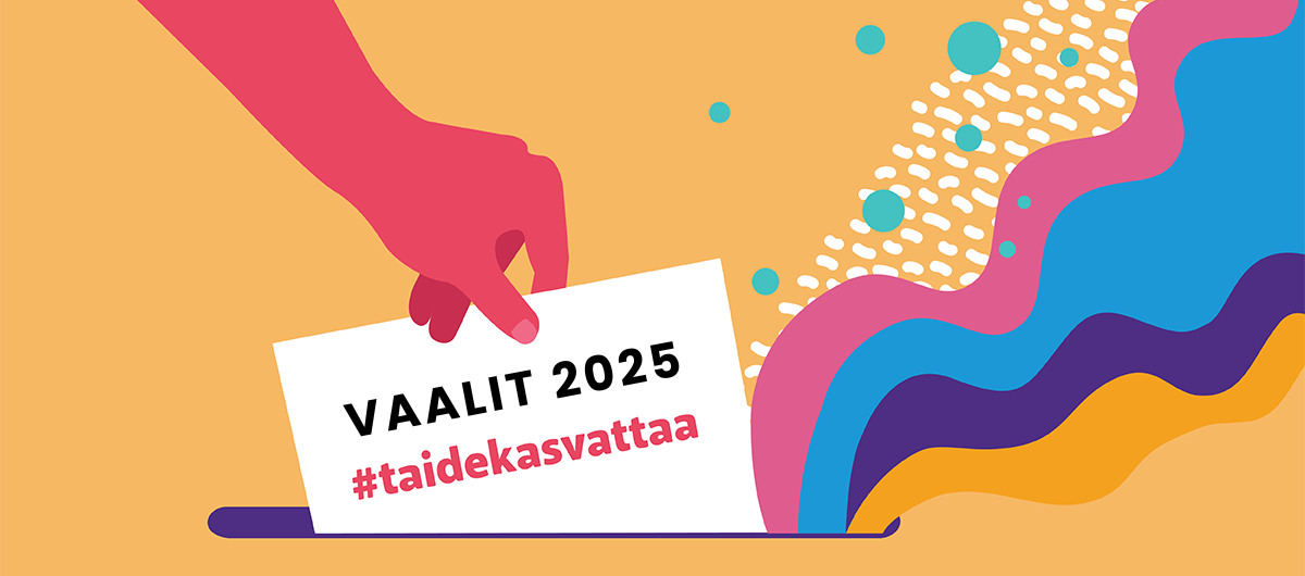 Visuaalinen kuvitus vaaleihin jossa käsi laittaa lipuketta vaaliuurnaan.