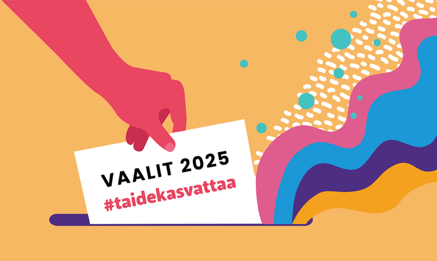 Visuaalinen kuvitus vaaleihin jossa käsi laittaa lipuketta vaaliuurnaan.